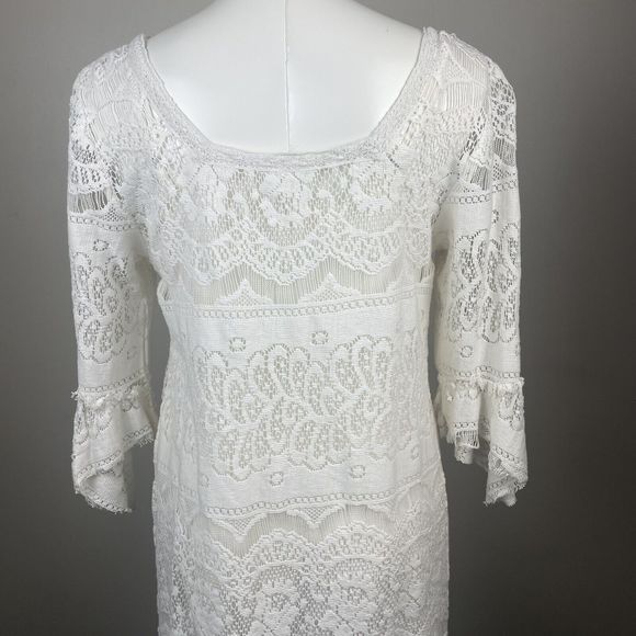 FREE PEOPLE Medium TEA LACE DRESS IVORY LACEY chic Peasant  distressed mini - Picture 7 of 12
